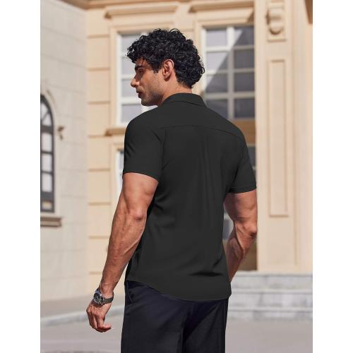 COOFANDY Mens Muscle Fit Dress Shirts Stretch Wrinkle Free Short Sleeve Button Down Shirt Casual Solid Untucked Shirt (XL)