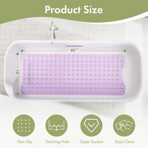 Purple AmazerBath Shower Mat Non Slip 40 x 16 Inches, Shower Stall Mats with Suction Cups and Drain Holes, Non Slip Bath Mat for Tub for Elderly & Kids, Clear Purple