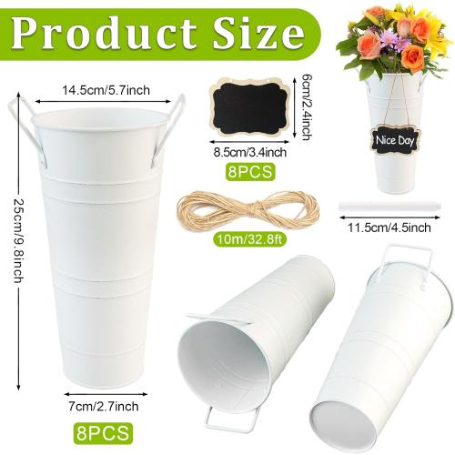 8 Pcs Galvanized Flower Bucket,Metal Vases for Flowers 10 Inch High,Flower Buckets for Flower Bar,Flower Bar Buckets Set Including Metal Flower Buckets,Liquid Chalk,Wooden Chalkboard,Hemp Rope