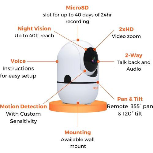 MOBI MobiCam HDX Wi-Fi Pan & Tilt Smart Pet Monitoring Camera, Pet Video Monitor, Night Vision IP Camera, Motion Detection, Full HD, Two-Way Audio, Remote View & Recording with Free Smart App