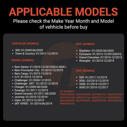 TPMS Sensors Compatible with Jeep, Dodge, Ram, Chrysler, and Fiat – 433MHz Tire Pressure Monitoring System – Replaces #56029398AA, 56029398AB, 68241067AA, 68241067AB, 68402371AA, 68464665AA (1 Pack)