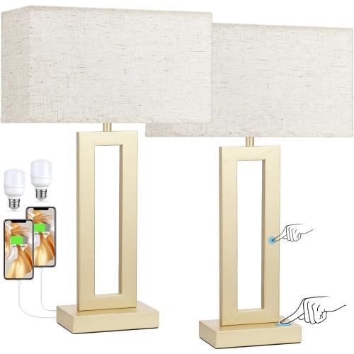 Seealle 22 Tall Bedroom Lamps for Living Room - Touch Gold Bedside Lamps with USB C A, 3 Way Dimmable Lamp for Nightstand, Modern Night Stands Lamps for End Tables(Beige&Gold)