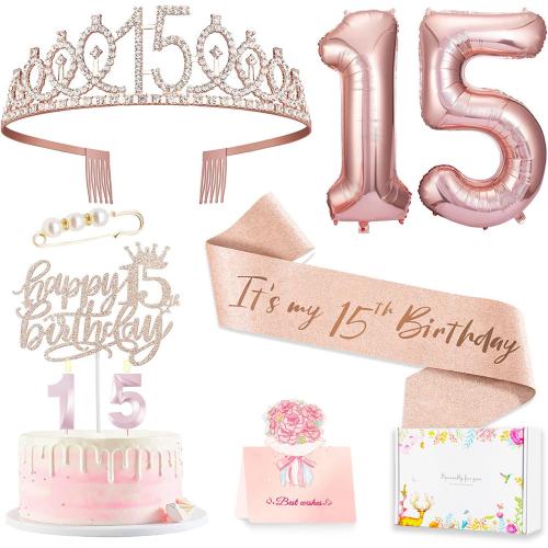 15th Birthday Decorations for Girls, 15th Birthday Sash and Crown, Cake Topper, Number Candles and Balloons, 15 Year Old Gifts for Girls