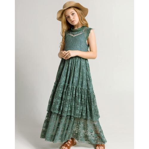 Green Size 4 BIBIHOU Girls Kids Lace Back Full-Length Backless Tulle Party Holiday Formal Flower Girl Dress