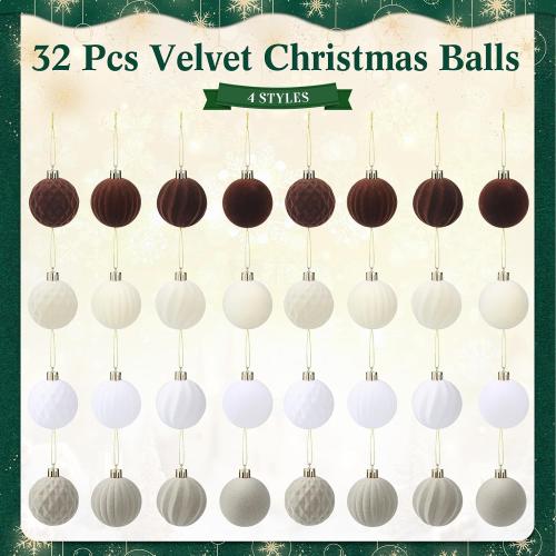 32 Pcs Velvet Christmas Ball Bulk 2.36'' Flocked Tree Decor, Brown Series | Plastic Hanging Ornament, Lightweight Durable, Xmas Bulb Decor, Holiday Party Supplies, Indoor Christmas Tree Decoration Use