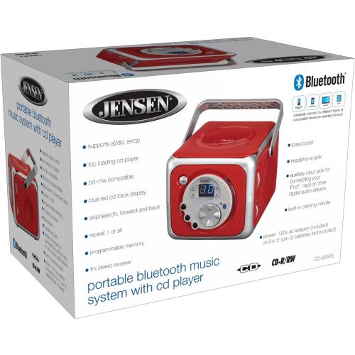 Jensen CD-555RS Red CD Bluetooth Boombox Portable Bluetooth Music System with CD Player  CD-R/RW & FM Radio with Aux-in & Headphone Jack Line-in Limited Edition- (Red)