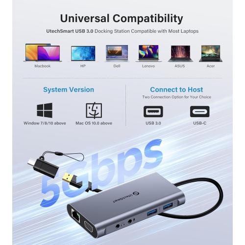 UtechSmart USB Docking Station, 11 IN 1 USB C Dock Triple Display, USB 3.0 Laptop Docking Station with Dual HDMI, VGA, PD, Ethernet, SD/TF, USB 3.0, Mic/Audio, Compatible for MacBook M1 Dell HP Lenovo