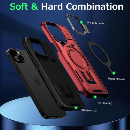 for iPhone 15 Case Compatible with MagSafe, Built-in Camera Ring Stand, 23 FT Military-Grade Drop Protection Magnetic Cover for iPhone 15 6.1'', Red