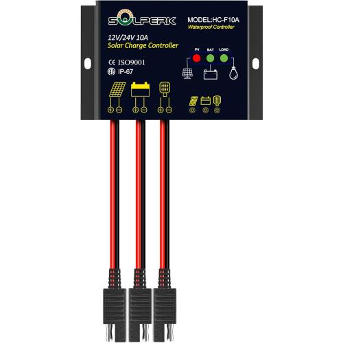 SOLPERK 10A Solar Charge Controller Waterproof Solar Panel Controller 12V/24V PWM Solar Panel Battery Intelligent Regulator for RV Boat car ，with LED Display