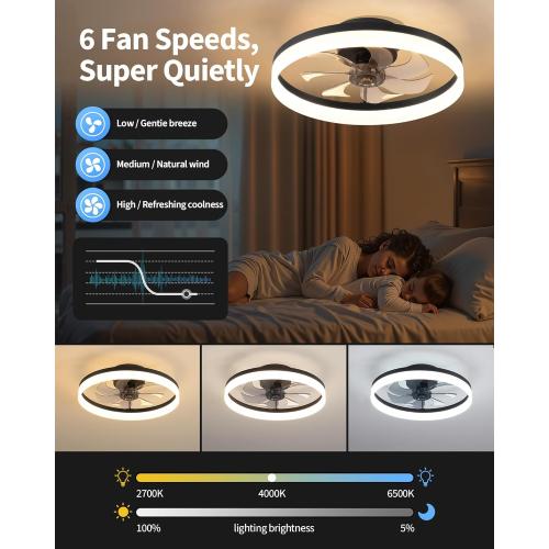 PUSU 15.8 Low Profile LED Ceiling Fans with Light, Reversible Flush Mount with Remote and 6 Winds Speeds Fan Lighting, 3 Colors Dimmable for Bedroom, Garage, Kids, Dinning Room, Kitchen (Black)