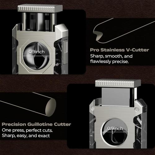 5-in-1 Butane Torch Lighter with Triple Jet Flame, Built-in V & Straight Shear, Holder, Draw Enhancer Tool, Refillable Windproof Cool Lighter for Candle, Camping, Travel, Outdoor, Gift Box for Men