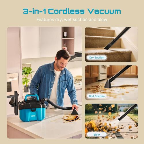 Seesii Cordless Shop Vac Wet and Dry, 2.6 Gallon Small Shop Vac with Accessory Storage Holder, 2 x 4.0Ah Batteries, 3-in-1 Wet Dry Vacuum with HEPA Filter, Strap, Ideal for Garage, Car, Workshop