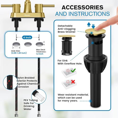 Gold Bathroom Faucet, Brushed Gold Bathroom Faucet, Gold Faucets for Bathroom Vanity, 4 Inch 2 Handle Centerset, Lead-Free, with Copper Pop Up Drain (Brushed Gold)