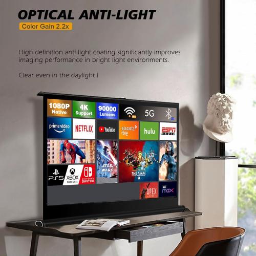 Tecdigbo 50 Inch Projector Screen Pull Down, 16:9 Projector Screen Retractable Tabletop Screen Tripod Stand for Home Theater Meeting Room, School Indoor Outdoor Ceiling Wall Mount Upgrade