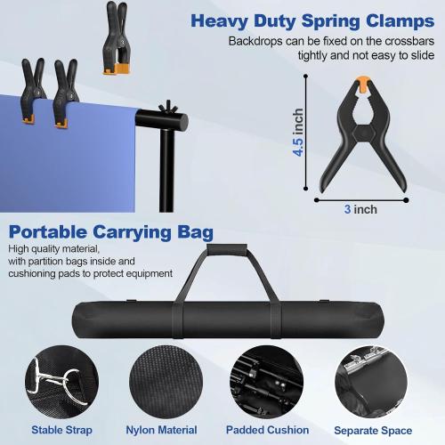 Size 10x10 Photo Video Studio 10 x 10ft Heavy Duty Backdrop Stand, Adjustable Photography Background Support System Kit with Shock-Proof Spring, Carrying Bag, 6 Clamps