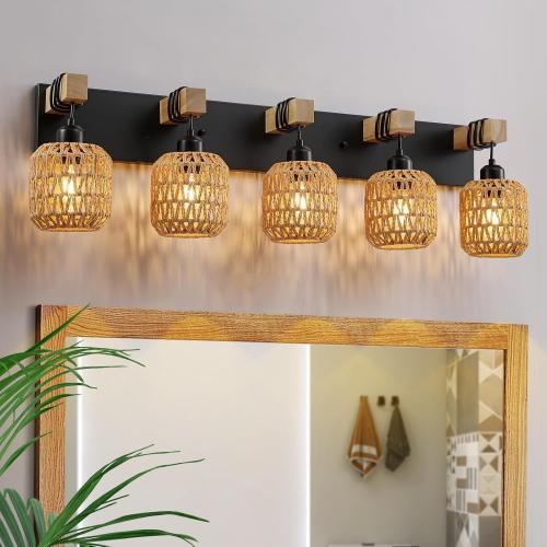 5 Light Bathroom Vanity Light Fixtures, Rustic Style Wood Bathroom Wall Sconce, with Boho Wicker Lampshade, Rattan Black Farmhouse Wall Sconce for Bedroom, Hallway, and Living Room