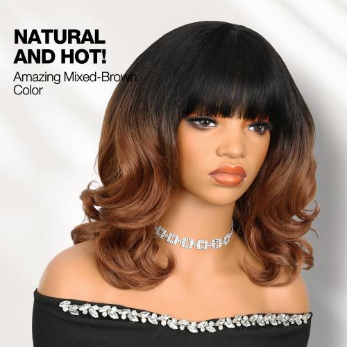 WIGER Short Yaki Wigs with Bangs Ombre Brown Natural Curly Bob Wigs for Women Shoulder Length Wavy Synthetic Wigs Wear And Go Wig Glueless Heat Resistant Hair for Daily or Events