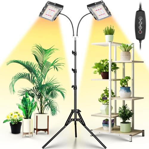 LBW Grow Light for Indoor Plants, Dual Heads Full Spectrum LED, Auto On/Off Timer, 6 Dimmable Levels, 3 Switch Modes, Adjustable Tripod Stand 15-63 inches