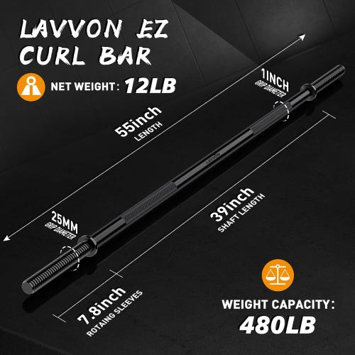 55 Weight Lifting Bar, 1 Standard Straight Barbell Bars for Weight lifting, Olympic Barbell Bar for Bench Press/Hip Thrusts/Squats/Lunges for Gym and Home, 2 Star Star-nuts (480lb Weight Capacity)
