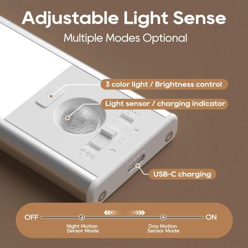 Under Cabinet Lighting, 2 Pack 13 Inch 3 Color Temperatures Motion Sensor Light indoor, USB Rechargeable Under Cabinet Lights, Stick-On Magnetic Closet Light, Wireless Under Counter Lights for Kitchen