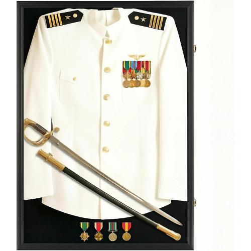Large Jersey Display Case Frame Deep Shadow Box with Room for XL Baseball Football or Hockey Military Uniform Baseball Bat or Military Saber - Collector's 98% UV Protection Acrylic Door Black Finish