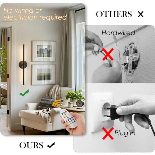 Battery Operated Wall Sconces Set of Two, with Remote Control, Dimmable, Warm White/Natural White/Daylight/RGB, 350°Rotate, LED Black Wireless Wall Light for Living Room, Bedroom, 20.4 Inch