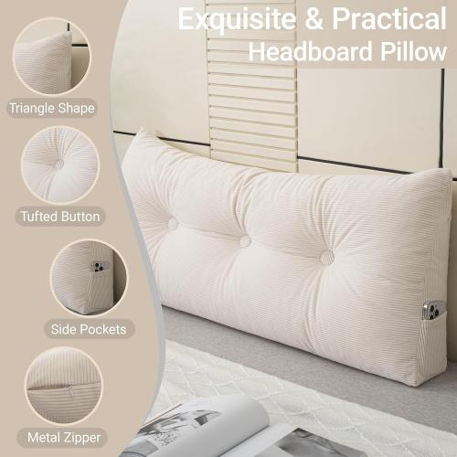 White Headboard Pillow Bed Wedge Pillow for Headboard with Side Pocket Dorm Headboard Long Back Pillow for Bed Bolster Pillow for Mattress Gap Filler White Reading Pillow for Bedroom Sofa Daybed