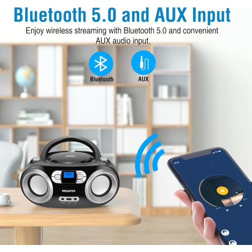 MEGATEK Portable CD Player Boombox with FM Radio, Bluetooth, USB Port, AUX Input, and Headphone Jack – CD-R/CD-RW/MP3-CD Compatible, Clear Stereo Sound, Backlit LCD Display – Black