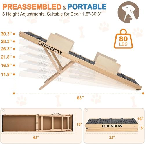 Upgraded Dog Ramp for Bed, Couch, Car, Foldable Pet Ramp, Non-Slip Pad & Safety Baffle-6 Adjustable Height 12 to 30, Portable Stable Pet Steps for Small & Medium Old Dogs & Cats