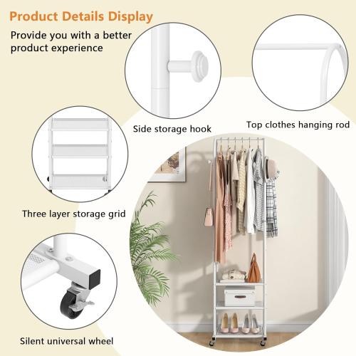 Heavy Duty Clothing Rack with Wheels,Modern Garment Rack with 3 Metal Shelves, 71.8Inches Display Rack for Hanging Clothes, Hanging Rod for Small Spaces,White