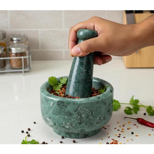 5 Diameter Natural Stone Mortar and Pestle Set as Spice Grinder, Medicine Masher - Okhli & Musal (Green)