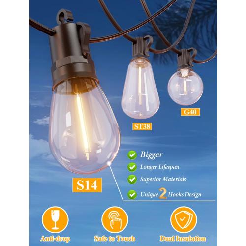Brightever 120FT Outdoor String Lights Waterproof, LED Patio Lights with 34 S14 Shatterproof Vintage Bulbs12 (2 Spare), 2700K Outside Hanging Decorative Lights for Cafe, Bistro, Party, Birthday, Holiday