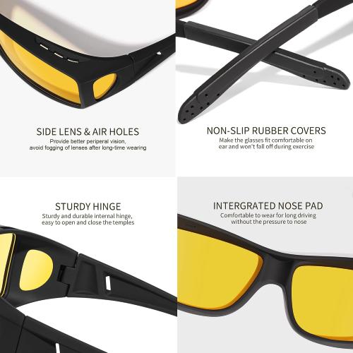Night Vision Glasses for Driving - Wrap Around Fit Over Glasses for Men Women Anti Glare Polarized HD Yellow Lens
