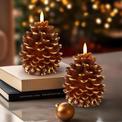 Homemory 2 Pcs Flameless Pine Cone Candle, LED Candles with 6H Timer, Real Wax Battery Operated Candles for Fireplace Decor, Holiday Indoor Decoration,Brown(D3.5 x H5.3 Inch)