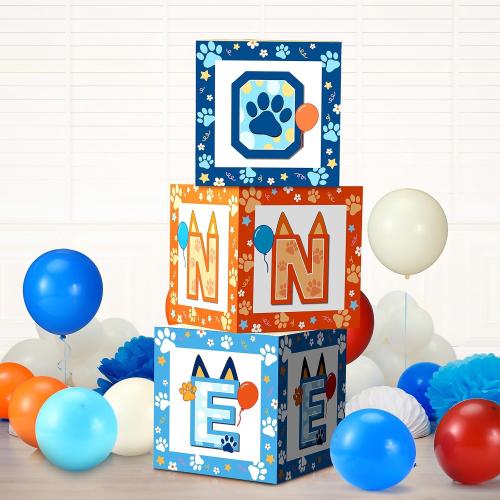 Lunmon 3 Pcs Blue Dog 1st Birthday Balloon Boxes Decorations