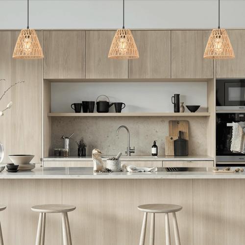 3-Pack Rattan Kitchen Island Pendant Light Fixtures, 9 Boho Farmhouse Hand-Woven Wicker Cone Hanging Ceiling Lights, Adjustable Height for Dining Room, Hallway EH66185P3