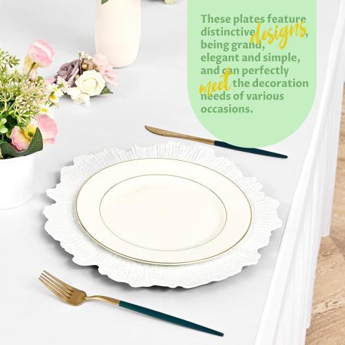 50 Pcs White Charger Plates Bulk 13 Inch Plastic Plate Chargers with Floral Reef Design Round Ruffled Rim Dinner Floral Decorative Plates for Dinner Wedding Party Event Table Setting Decoration