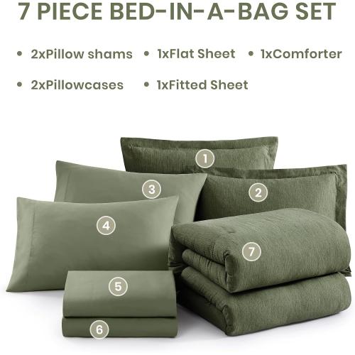 Monbix King Size Comforter Set, Olive Green King Bed Set Reversible, King Size Comforter Set 7 Pieces, Cationic Dyeing Bed in a Bag with Comforter, Sheets, Pillowcases & Shams