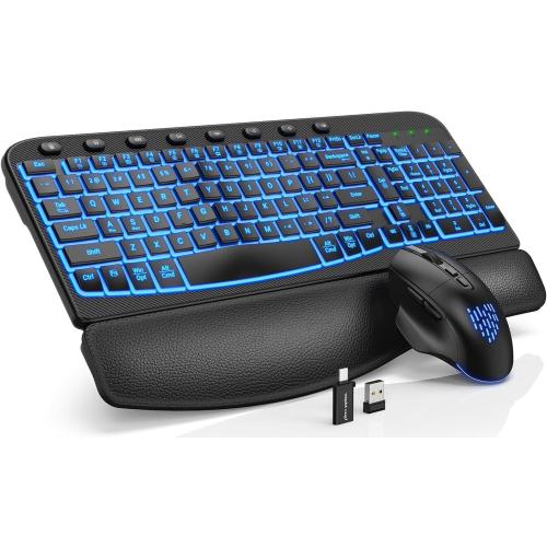 SABLUTE Ergonomic Wireless Keyboard and Mouse Combo - Wave Keyboard with Soft Leather Wrist Rest, Resistant Keys, RGB Backlit Rechargeable Set for PC/Mac/Chromebook (Black)