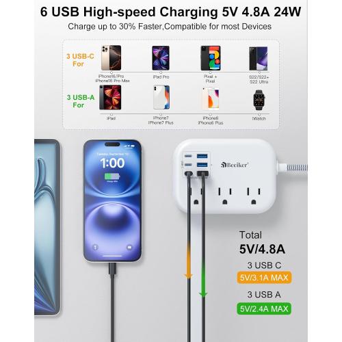 6 USB(3 USB C) Power Strip- Travel Power Strip with 6 USB Desktop Charging Station 24W/4.8A and 3 Outlets, 5Ft Flat Plug Braided Extension Cord, Non Surge Protector for Cruise Ship Travel Office Dorm