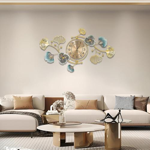QXSXKJ 3D Metal Wall Decor with Silent Clocks, Retro Gold Metal Wall Art Ginkgo Decor,Battery Powered H and V Adjustable Clock Décor, Large Decorations Art For Livingroom Bedroom Kitchen