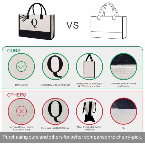TOPDesign Personalized Initial Canvas Beach Bag, Monogrammed Gift Tote Bag for Women