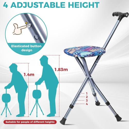 ENLUNTRA Portable Adjustable Folding Walking Cane with Seat and Cushion，Cane seat for Seniors with Magnetic Massage Handle, Lightweight Walking Cane with LED Light，Supports up to 330 Pounds