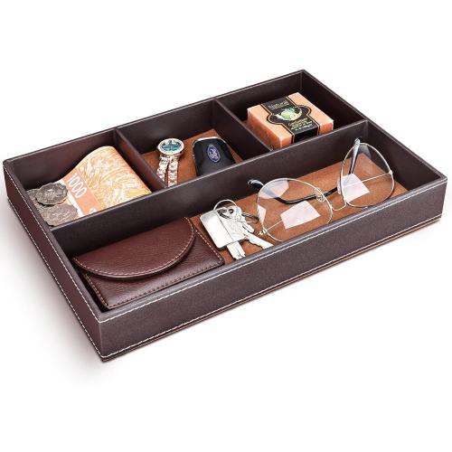 Size 11.85×7.91×1.61 Color Brown Faux Leather Valet Tray for Men, Stackable Jewelry Organizer for Drawers Inserts, Nightstand Caddy Tray for Key, Wallet, Sunglass, Watch, Coin, Phone, Bedside Desktop Storage Brown