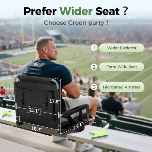 GREEN PARTY Stadium Seat for Bleachers Portable Outdoor Floor Folding Stadium Chair with Armrest, Back Support, Cup Holder, Mesh Bag and Hide Hooks