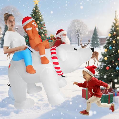 Funny Inflatable Gingerbread Man Riding On Polar Bear Costume Blow-Up Outfit for Adult/Christmas Parade/Halloween
