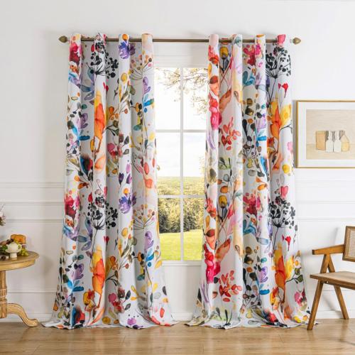 Boho Floral 100% Blackout Curtains  2 Panels Set Grommet Watercolour Flower Bohemian Pattern Black Out Thermal Insulated Drapes Window Treatment for Bedroom Living Room