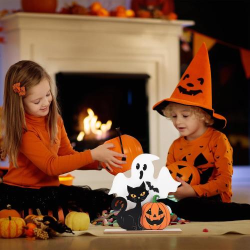 Halloween Decorations Indoor Wooden Black Cat Halloween Decor Ghost Table Sign Pumpkin Table Centerpieces Standing Tabletop Decoration for Holiday Desk Tiered Tray Party Shelf Decorations Farmhouse