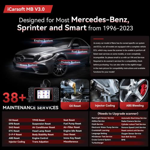 Bidirectional Diagnostic Tool for Most Mercedes-Benz/Sprinter/Smart from 1996-2023 iCarsoft MB V3.0 2025 Version 38  Reset Service OBD2 Full System Scanner Battery Test Actuation Test AutoVIN