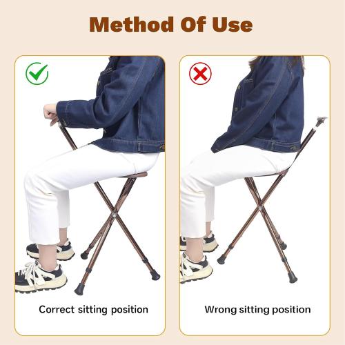 Color Brown UNLICON-Brown Folding Cane Stool with Seat – Lightweight Adjustable Walking Cane for Seniors, Ergonomic Design, 330 lbs Capacity, Portable and Convenient Cane Chair with Anti-Slip Feet